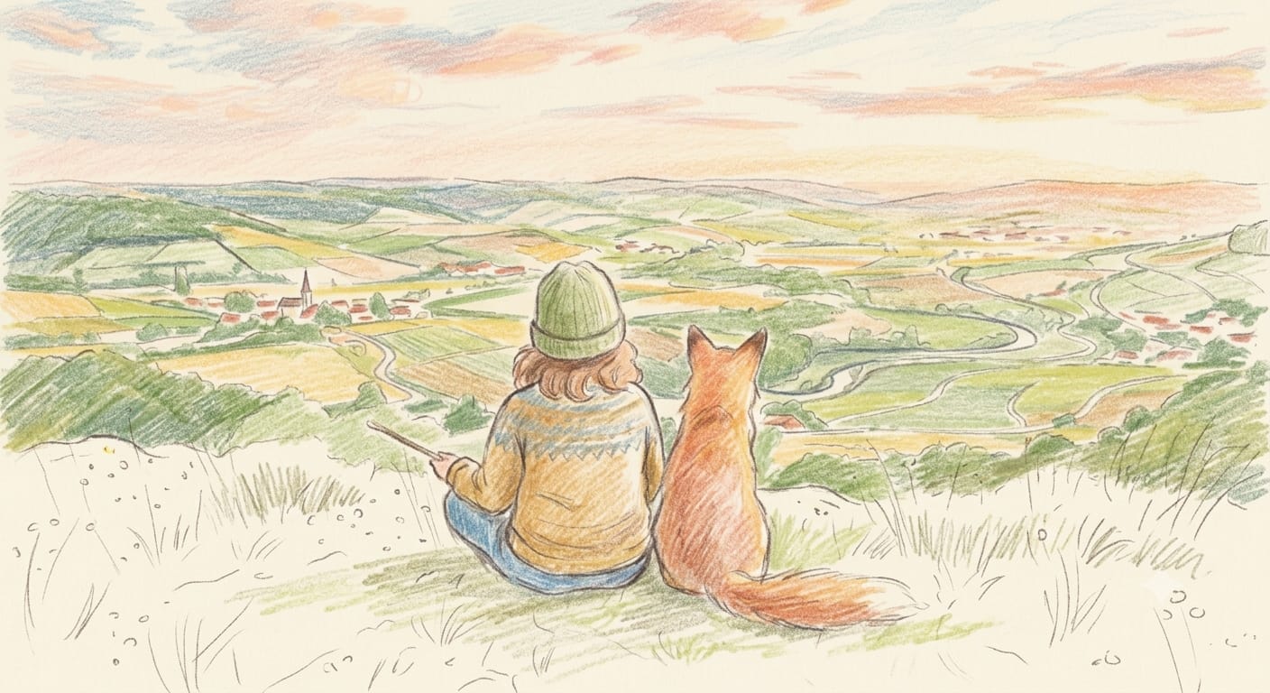Une personne et son chien contemplent un paysage de vallée
